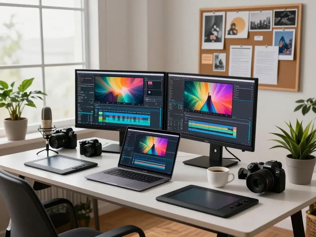 Content creator using Seedance AI for innovative video production in a vibrant workspace.