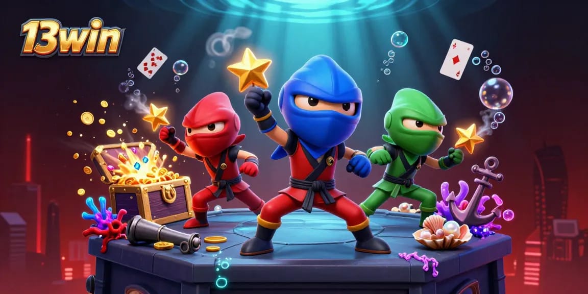 Experience the thrill of action with 13win's dynamic casino scene animated by ninja chameleons.