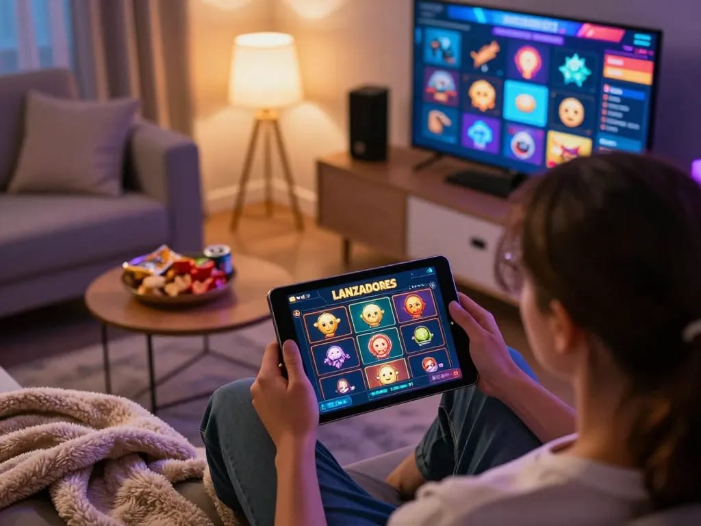 Pucuk138 player enjoying a lively online slots game at home, showcasing excitement and engagement.
