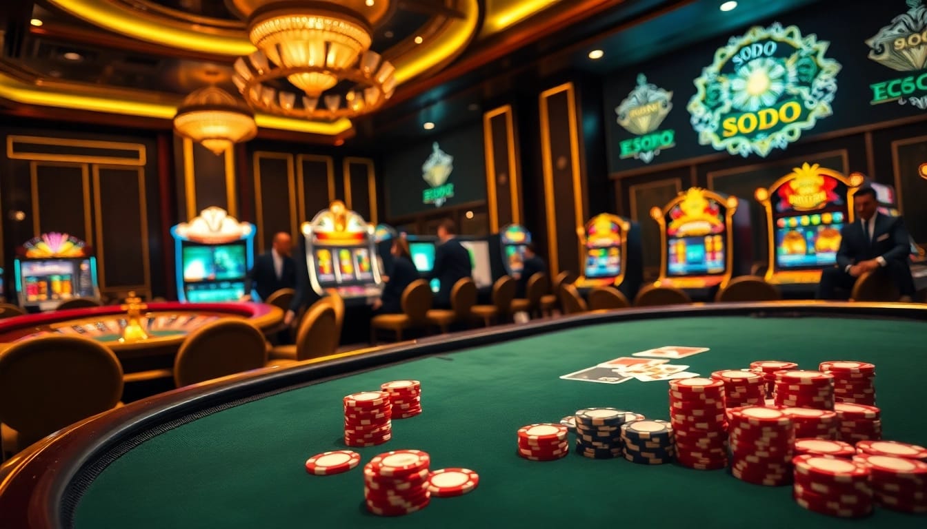 SODO CASINO offers an exciting atmosphere with poker tables and colorful slot machines.
