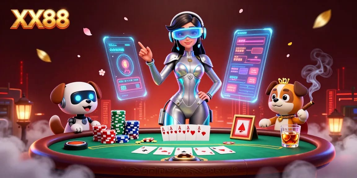 Engage in thrilling online gaming at XX88 with a futuristic casino scene featuring poker elements and vibrant characters.