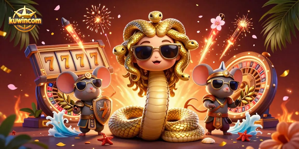 Kuwincom showcases a vibrant 3D illustration with Medusa and a warrior mouse amidst lively slot games.
