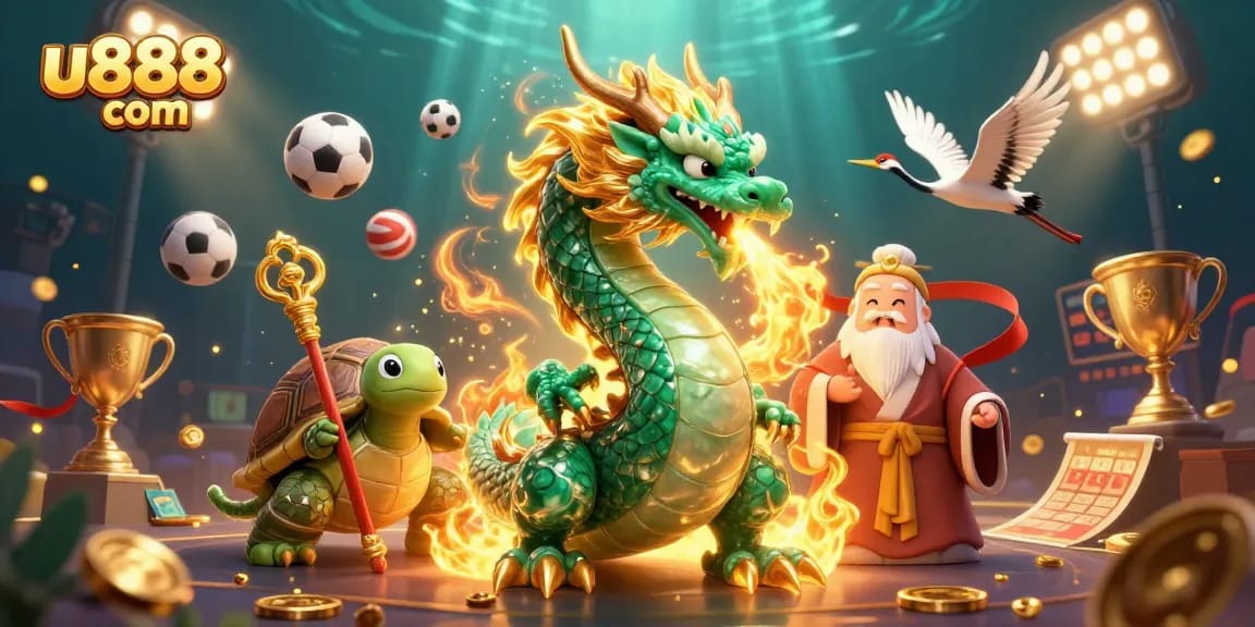 Experience thrilling bets at u888 com with a dynamic 3D casino scene featuring iconic game elements.