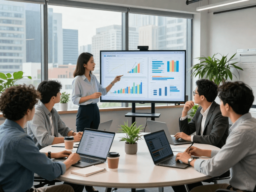 Team discussing IDXSTAR performance metrics in a vibrant office setting.