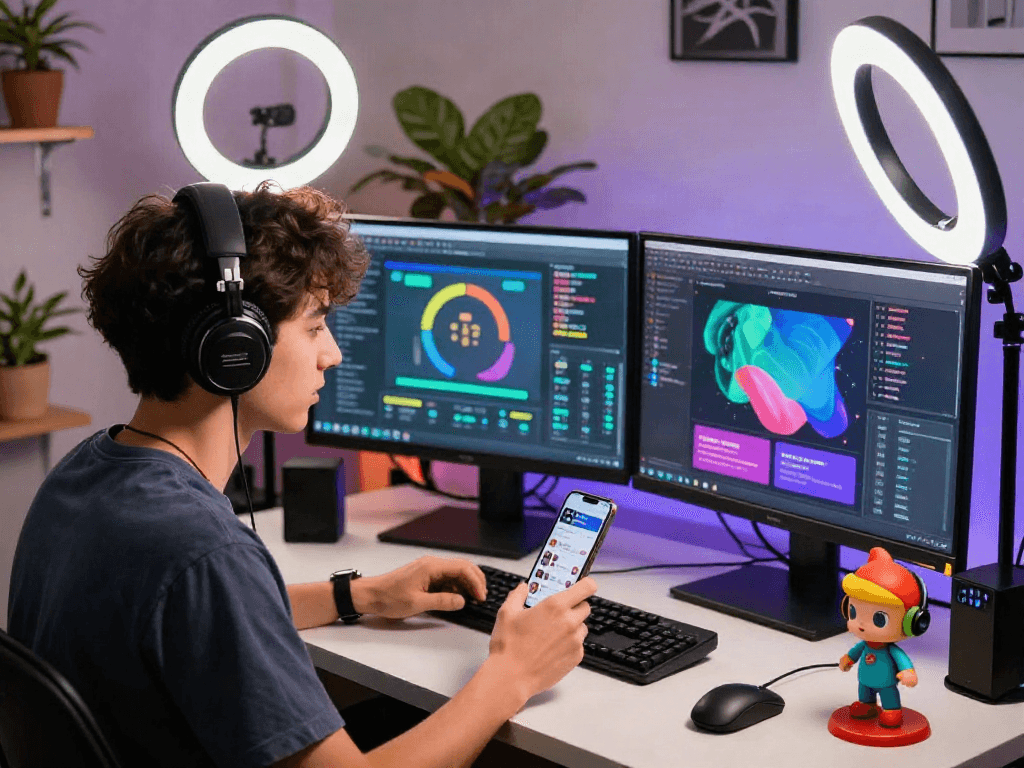 Engaging live streaming session by young adult influencer showcasing ia +18 content creation with vibrant digital overlays and interactive elements.