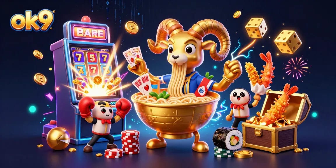 Engage with the vibrant ok9 casino action featuring a golden ramen bowl dealing cards and slot machine bursts.