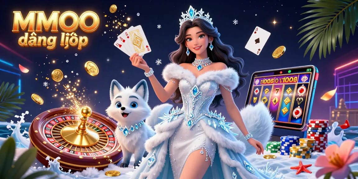 Experience the magic of MMOO đăng nhập with vibrant characters and casino games illuminated by sparkling lights.