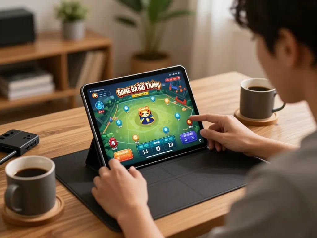 Engaging online gaming with Game Bài Đổi Thưởng app on tablet, player focused on strategy and fun.
