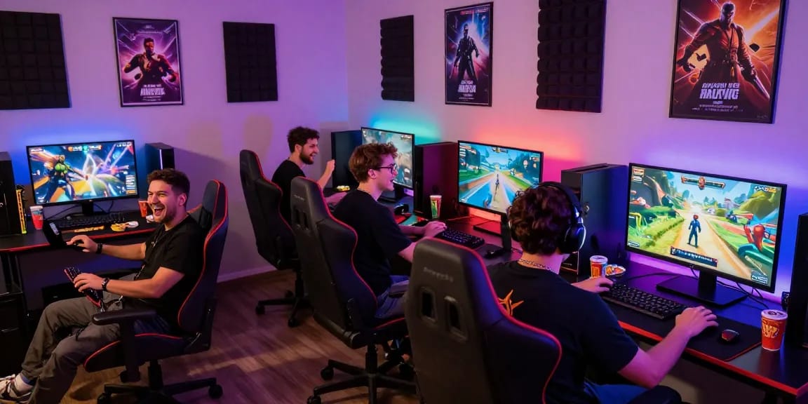 Gamers enjoying NSFW games in vibrant gaming room with digital screens and snacks.