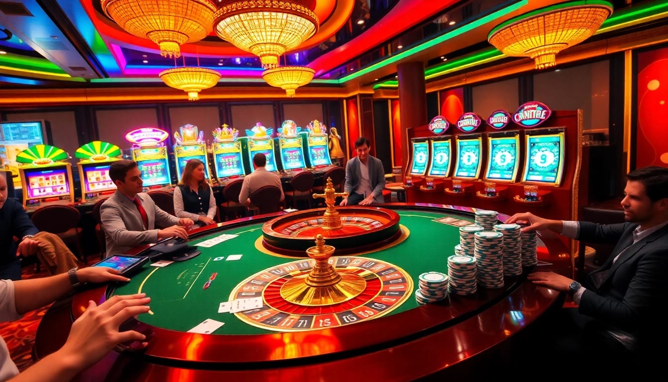 Experience luxurious gaming action at vu88.com with vibrant casino tables, cards, and roulette wheels.
