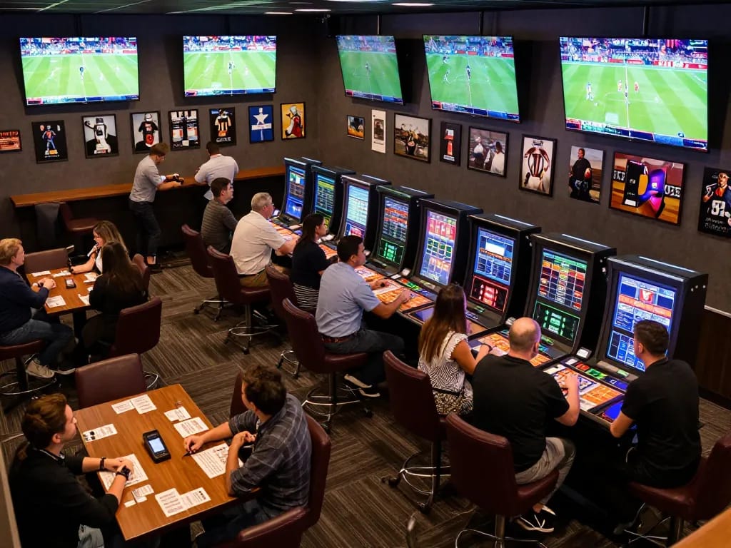Tỷ Lệ Kèo Nhà Cái showcased on live sports betting screens with patrons engaged in wagering.