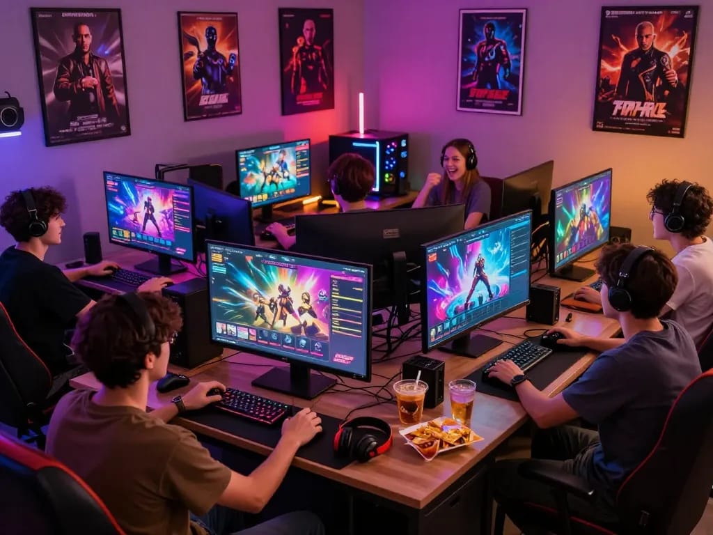 Players enjoying immersive porn games in a lively gaming lounge filled with colorful graphics and neon lights.