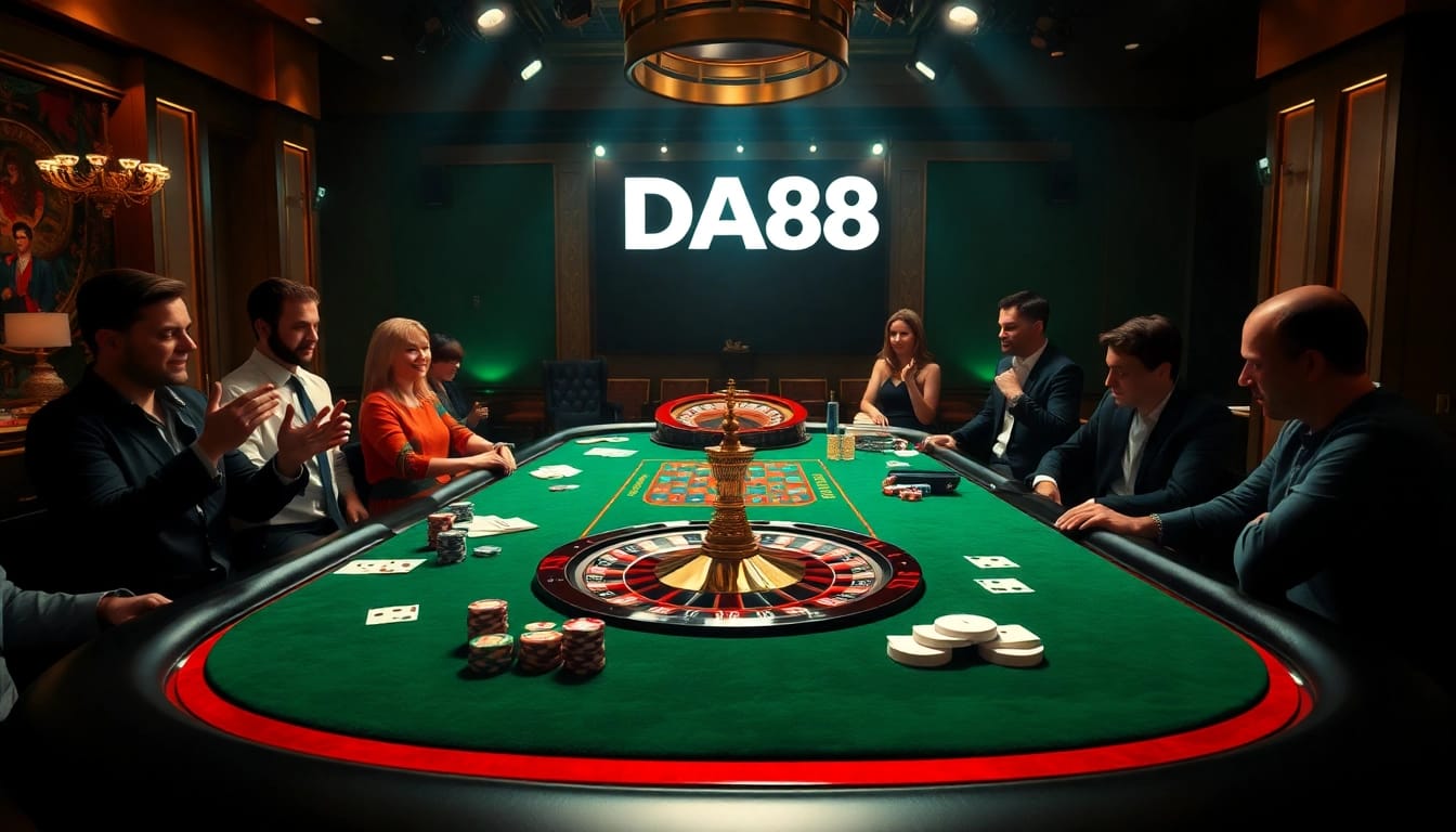 Players strategize their next move at a luxurious casino table featuring DA88 poker chips, enhancing the thrill of the game.