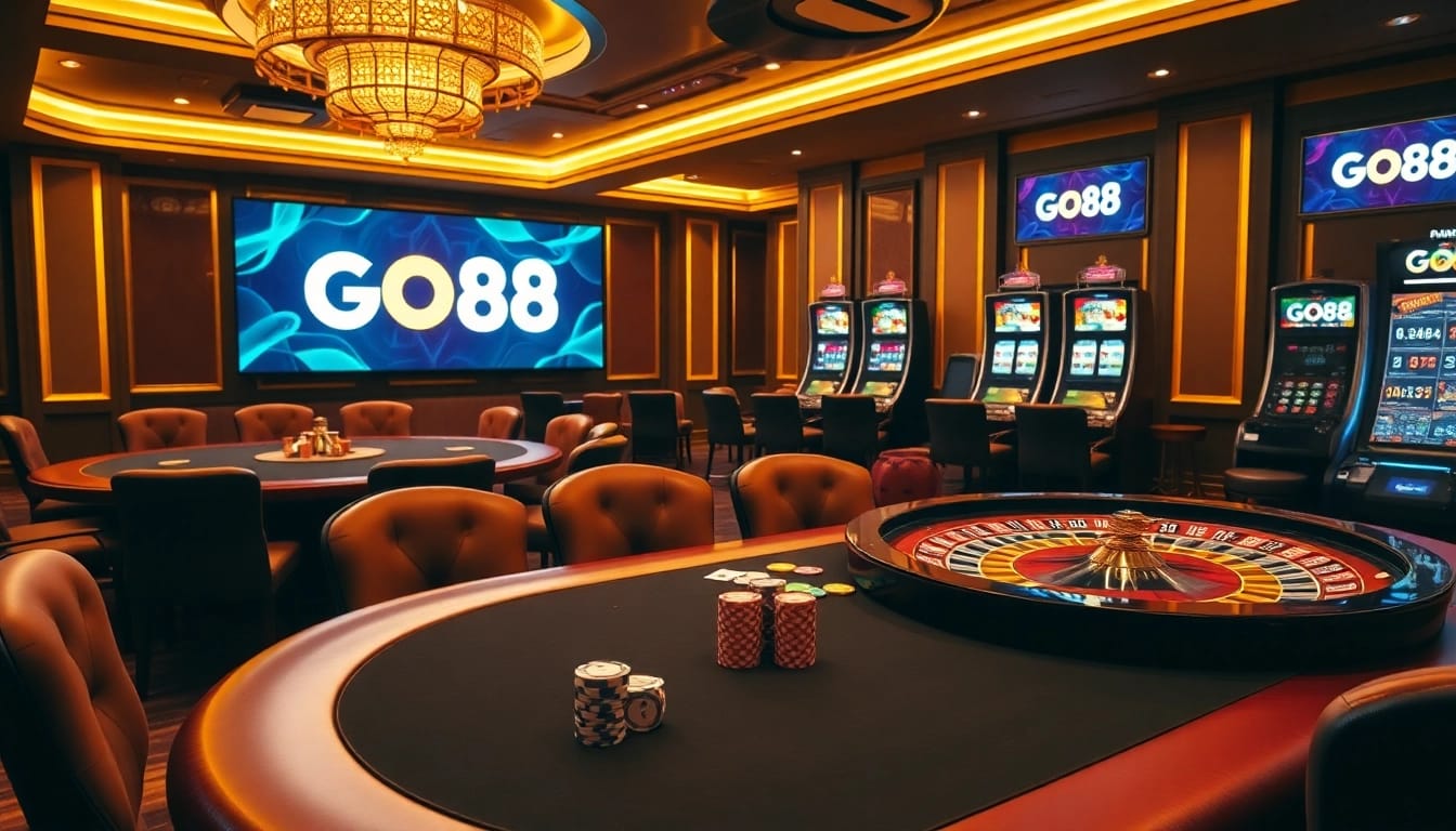 Experience the thrill of gambling at GO88's luxurious casino with vibrant tables and slot machines.