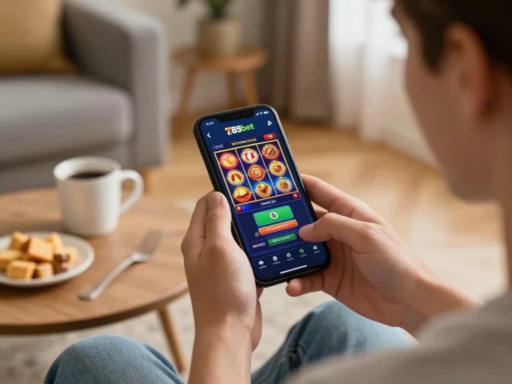 A player enjoying mobile gambling on the 789bet app in a cozy home setting.