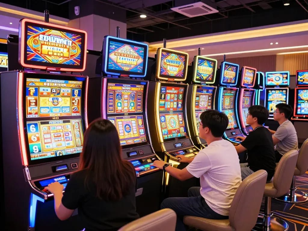 Players enjoying vibrant slot machines at 888bgo casino, celebrating wins in a lively setting.