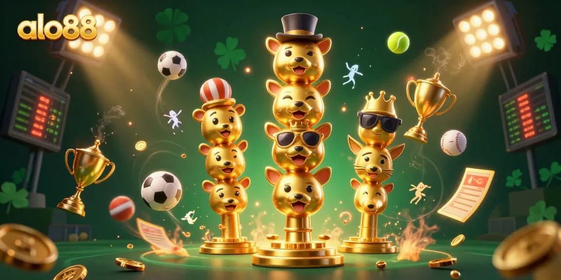 Experience top betting action at alo88 with a vibrant 3D casino scene displaying dynamic sports elements.