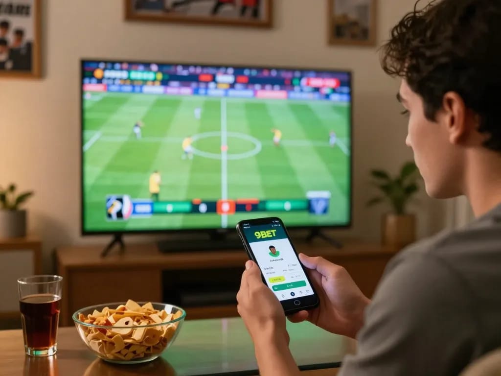 Sports betting excitement as a player uses the 9BET app during a live football match.