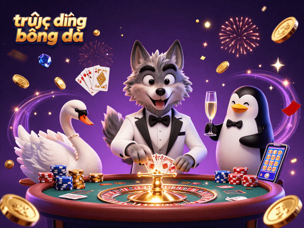Experience trực tiếp bóng đá with thrilling gambling action depicted in a vibrant 3D illustration representing a dynamic casino scene.