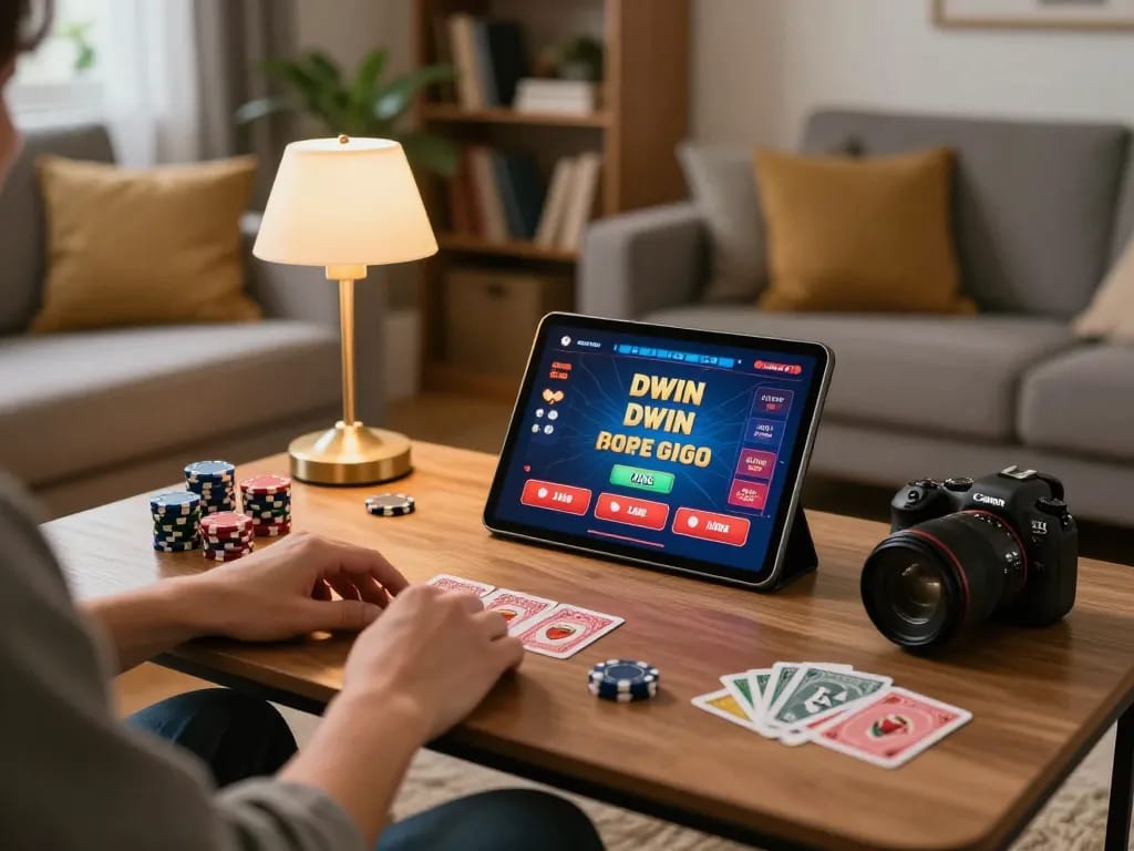 Dwin interacts dynamically with users through an engaging online casino setup at home.