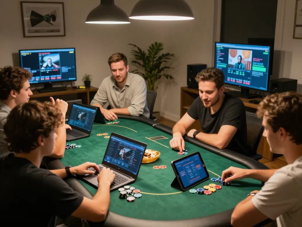 Dola789 players enjoying an exhilarating online poker game in a cozy home gaming setup