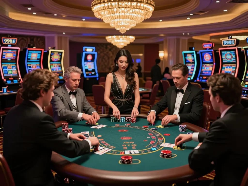 Players engaging in an exciting blackjack game at 999E casino, showcasing a vibrant atmosphere.