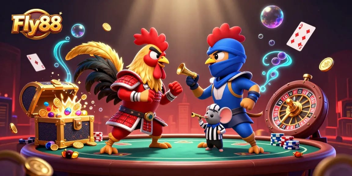 Engage with the thrill of Fly88 as cartoon roosters duel over casino treasures amidst vibrant underwater elements.