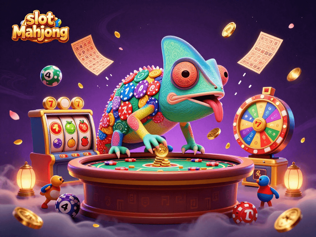 Experience the excitement of slot mahjong as colorful slot reels spin amidst vibrant casino-themed elements.