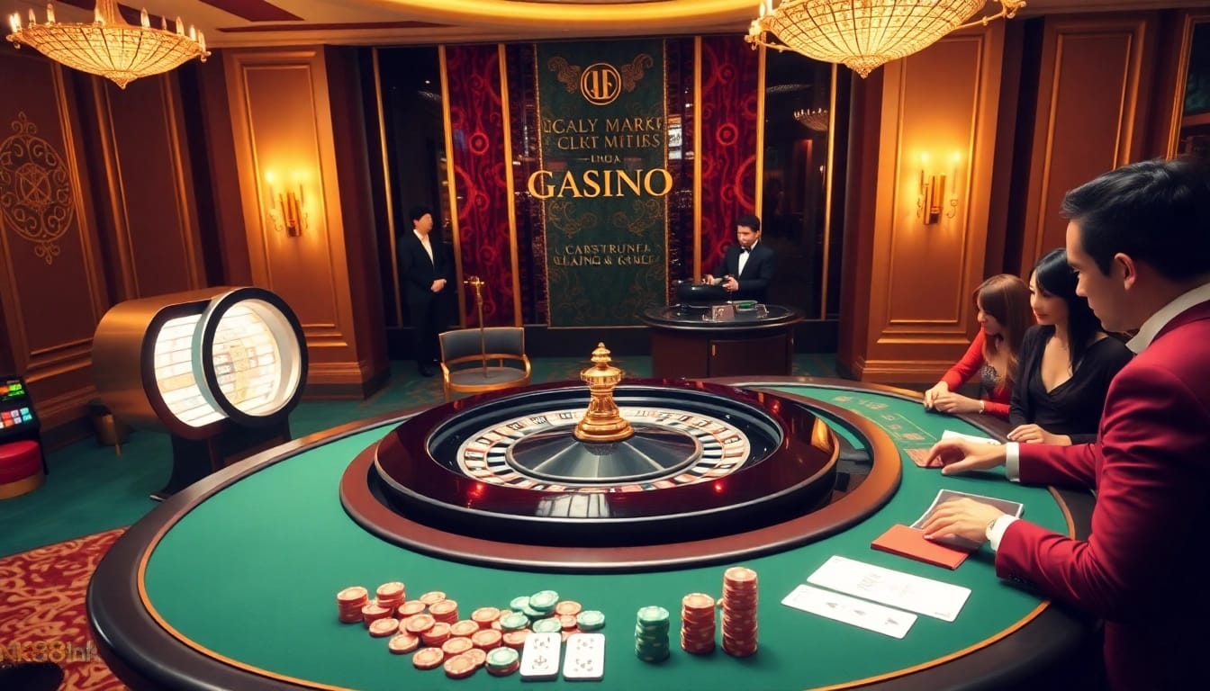 Players engage at a luxurious casino table, experiencing exciting games at nk88nk.com.
