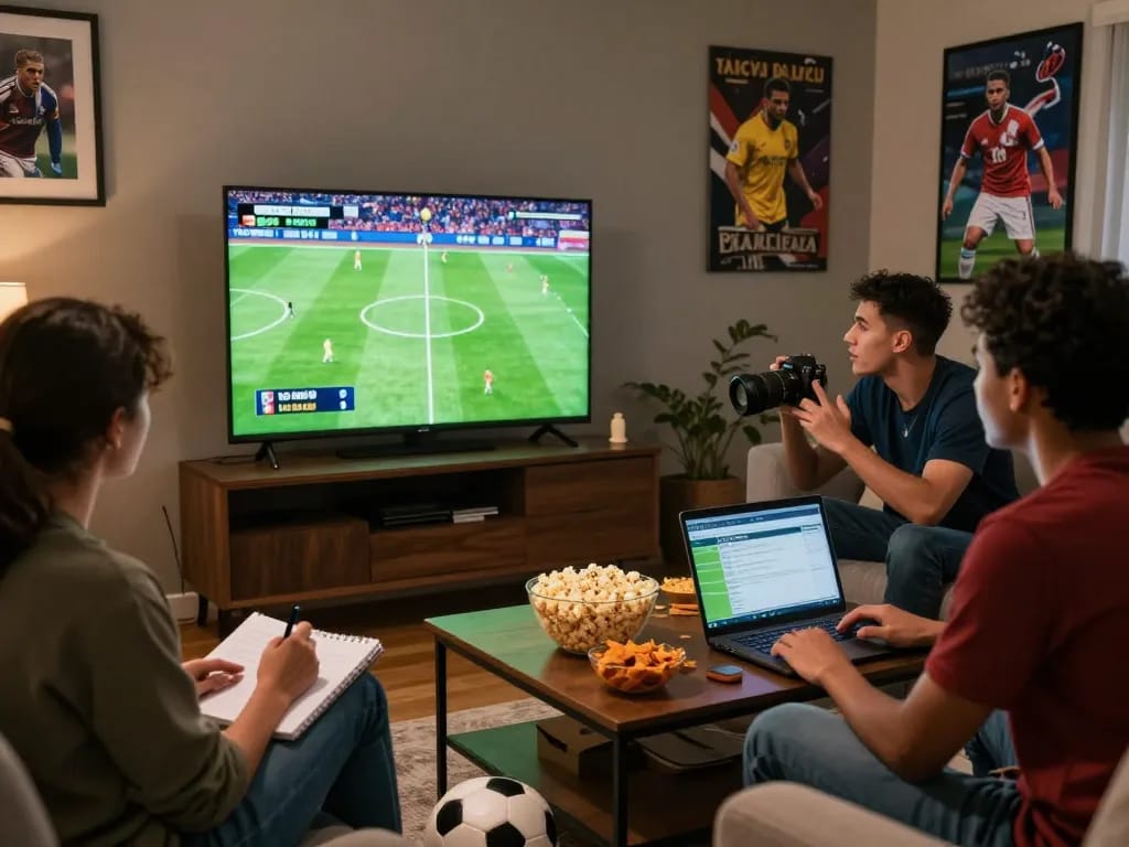 Friends analyzing tỷ lệ kèo trực tuyến during a football match in a cozy living room, creating an inviting sports atmosphere.