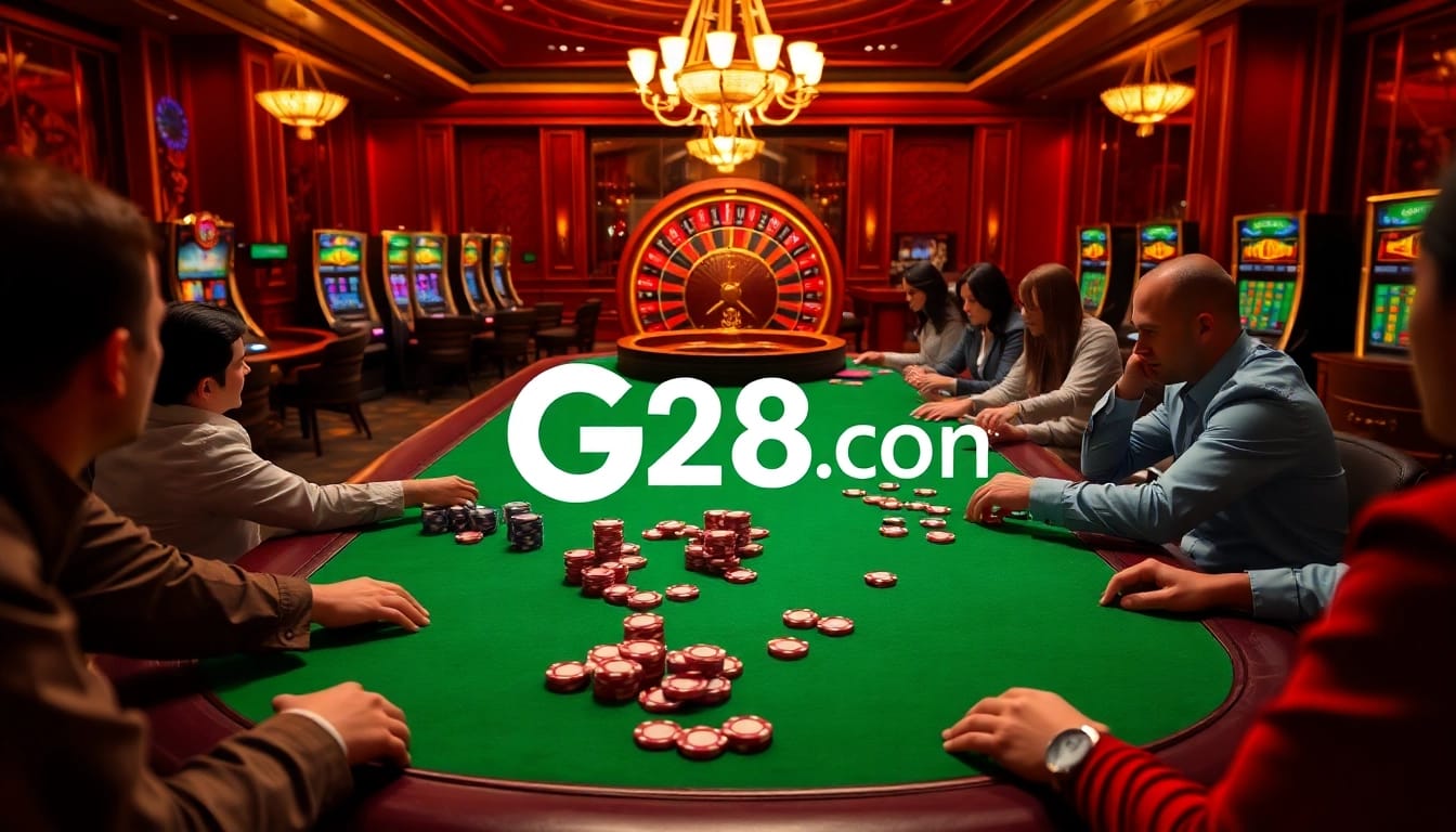 Players experience excitement at a G28 com casino game table surrounded by colorful chips and roulette.