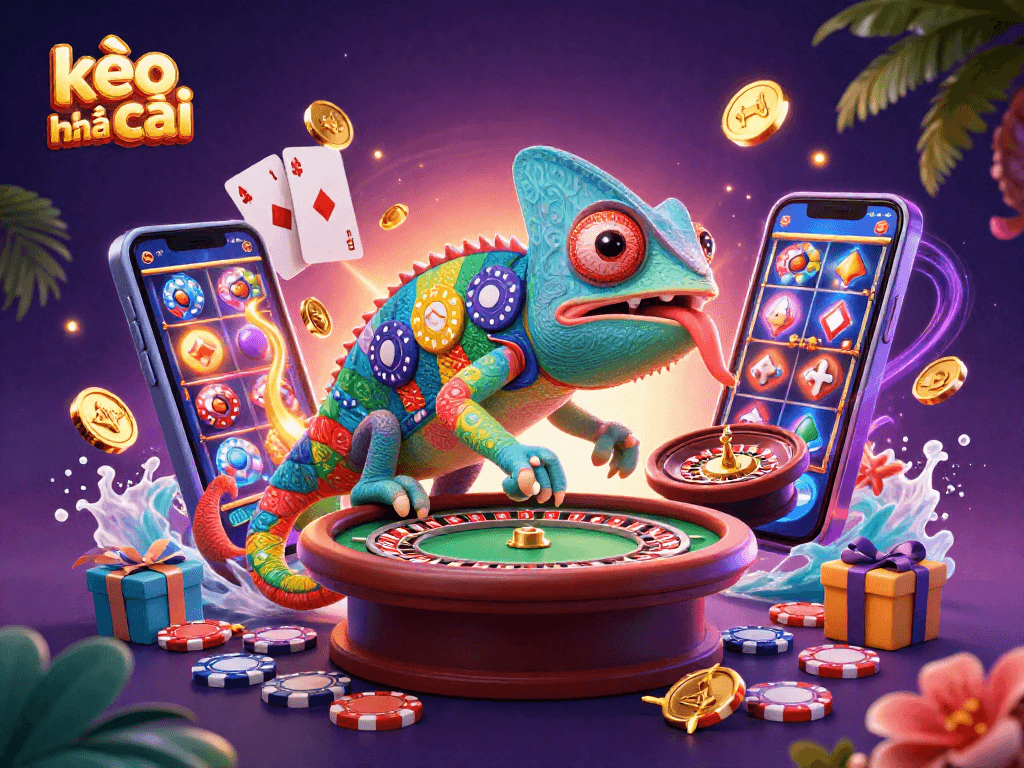 Engage with kèo nhà cái through a vibrant casino scene featuring a chameleon's dynamic gaming energy.