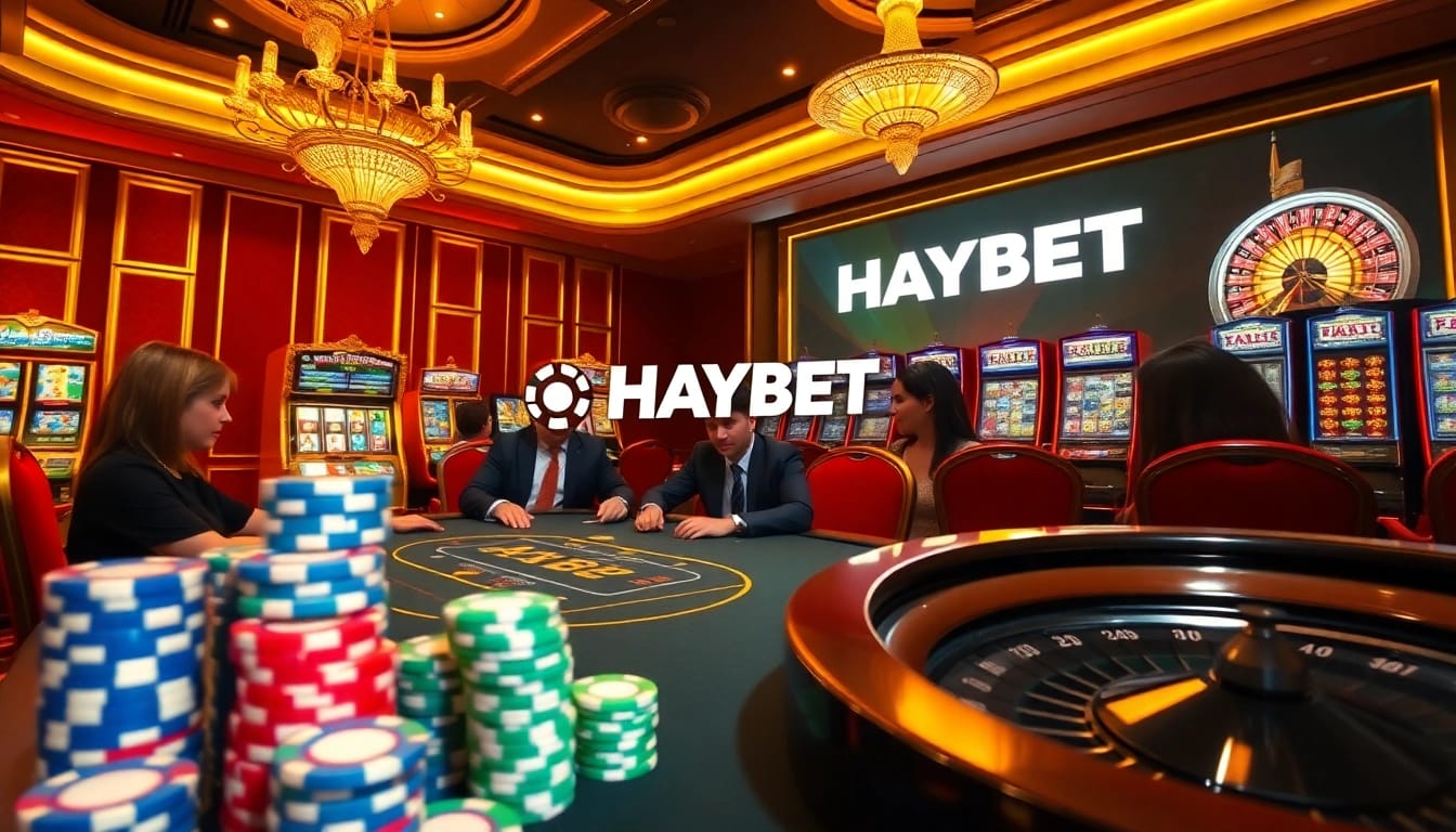 HAYBET casino scene with poker players, chips, and roulette wheel in a luxurious setting.