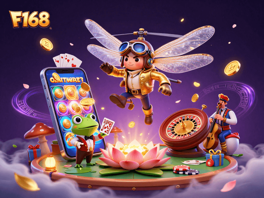 Experience the thrill of F168 with a vibrant casino scene featuring a dragonfly pilot and frog croupier.