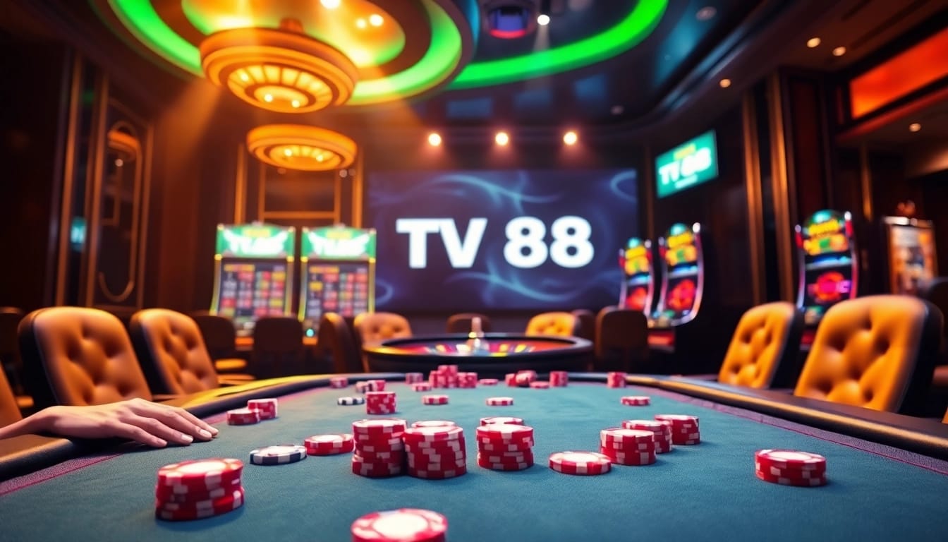 Players enjoying an engaging poker game at TV 88, surrounded by slot machines and vibrant casino ambiance.