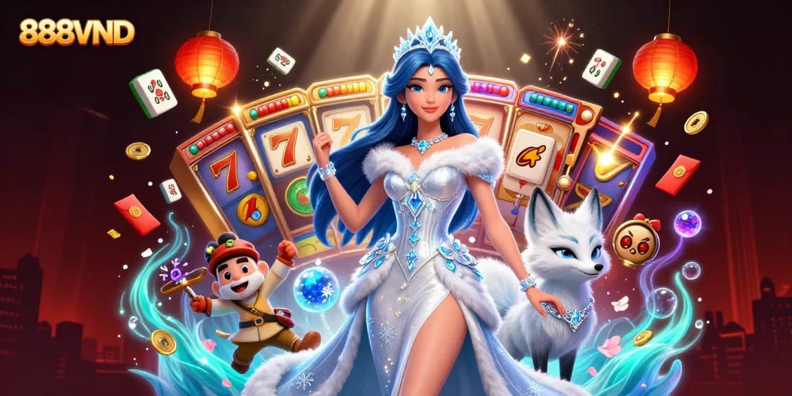 Engage in exciting games at 888VND, featuring vibrant 3D illustrations of slots and jackpots.
