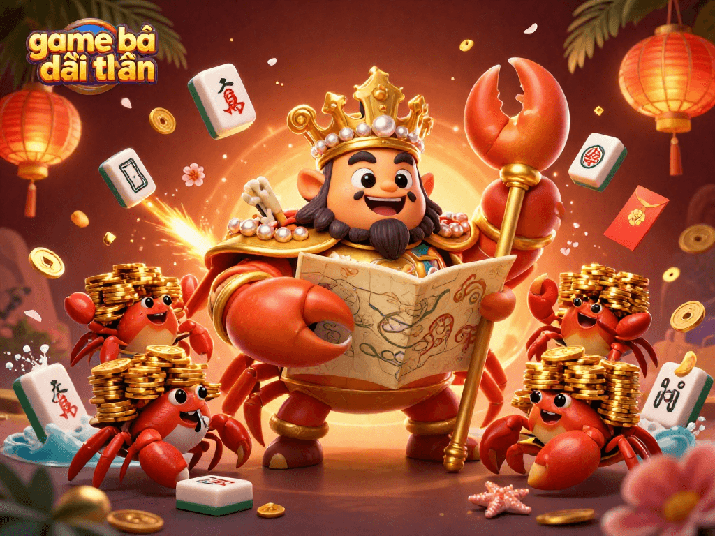 Engage in game bài đổi thưởng with a golden crab emperor amidst vibrant casino elements and festive decorations.