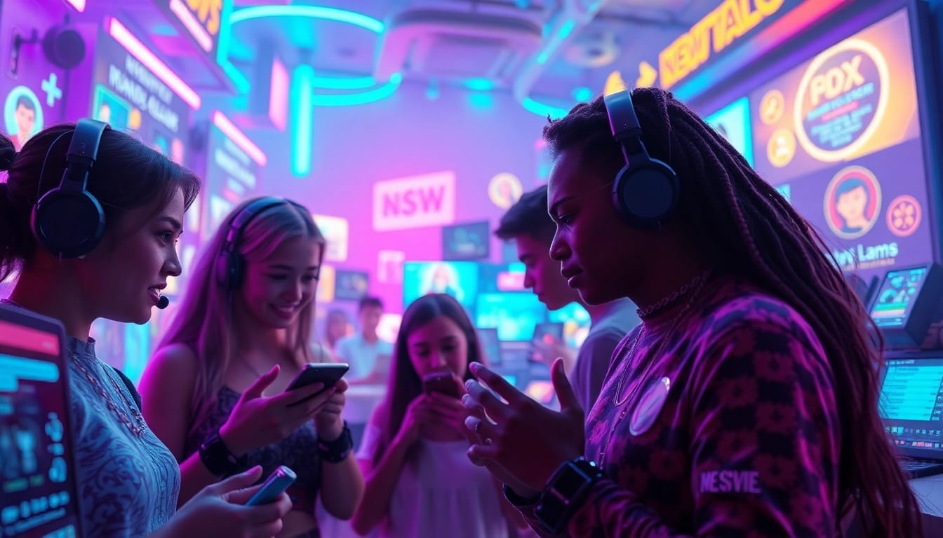 Engaging scene of characters interacting in a neon-lit NSFW AI chat platform, showcasing the excitement of ai nsfw.