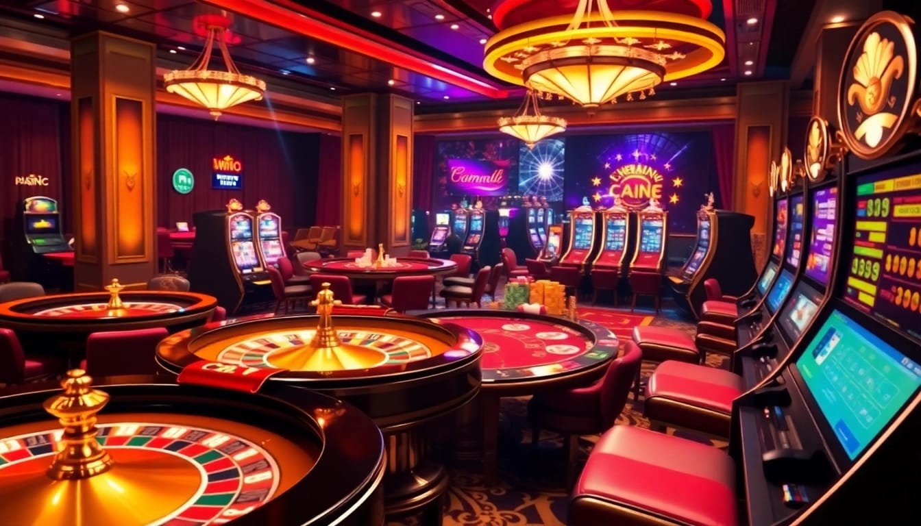 Exciting casino scene showcasing nhà cái alo789 with roulette wheels and poker tables in a vibrant atmosphere.