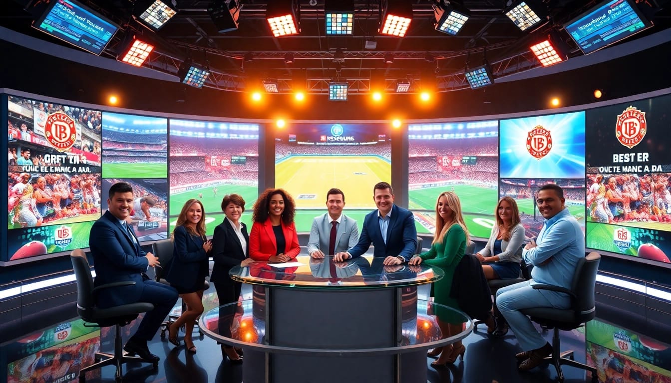 Captivating sports broadcasting studio featuring diverse presenters and dynamic visuals.