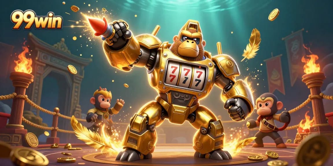 Engage in thrilling wins at 99win with an epic golden gorilla mech and dynamic casino elements.