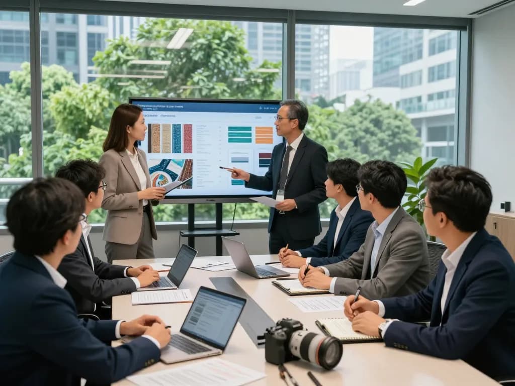 Sunwin team collaborating on innovative textile solutions in a modern corporate office.