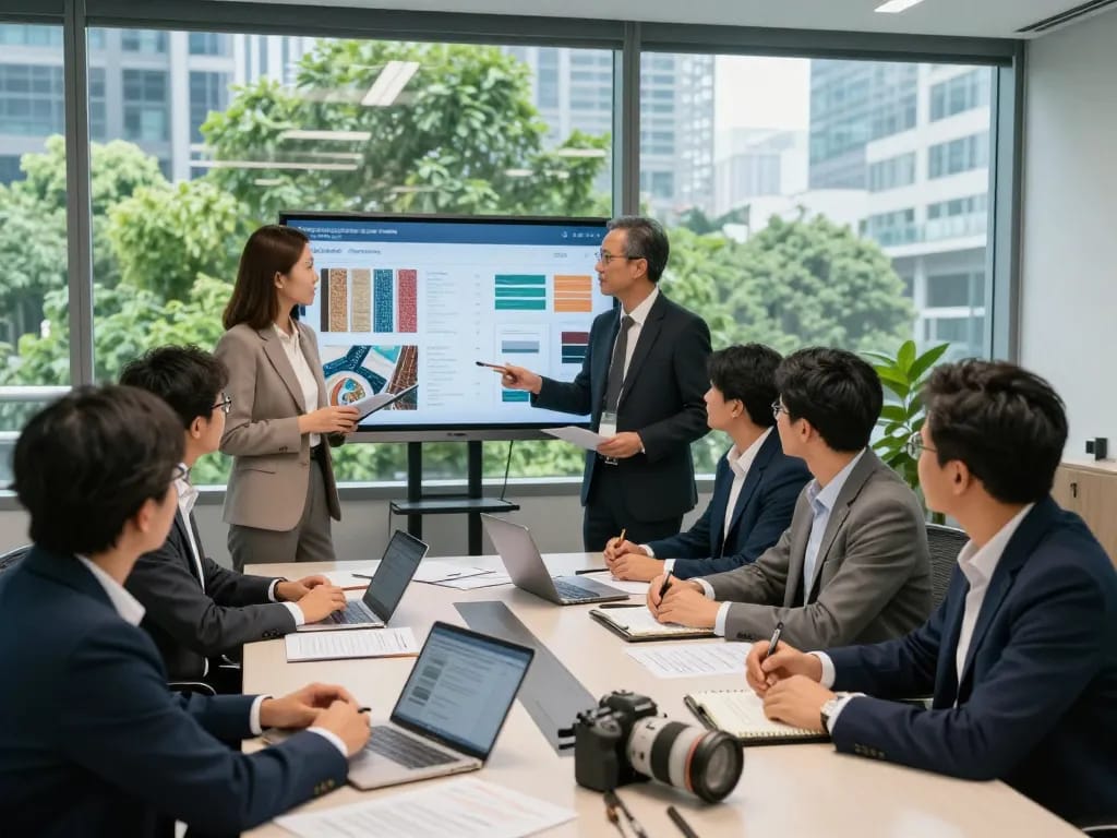 Sunwin team collaborating on innovative textile solutions in a modern corporate office.
