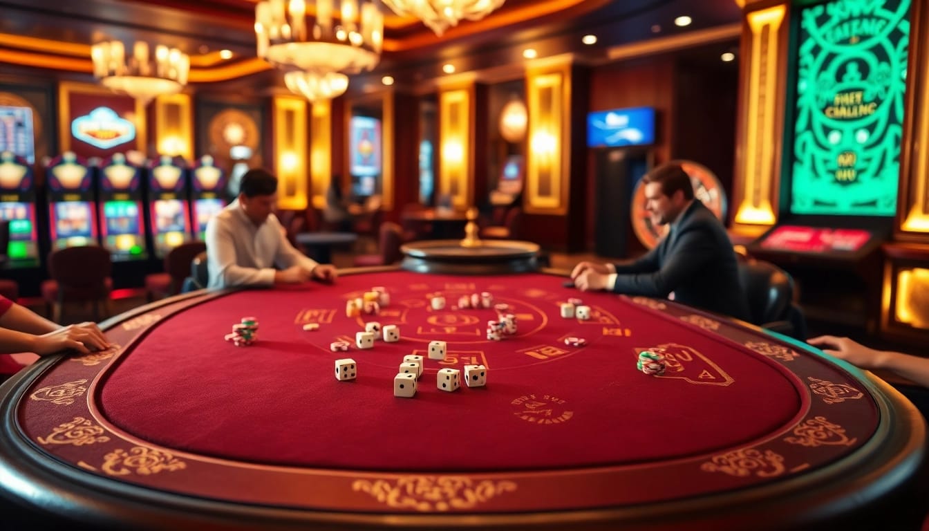 Tài xỉu MD5 table surrounded by players immersed in the excitement of betting and dice games.