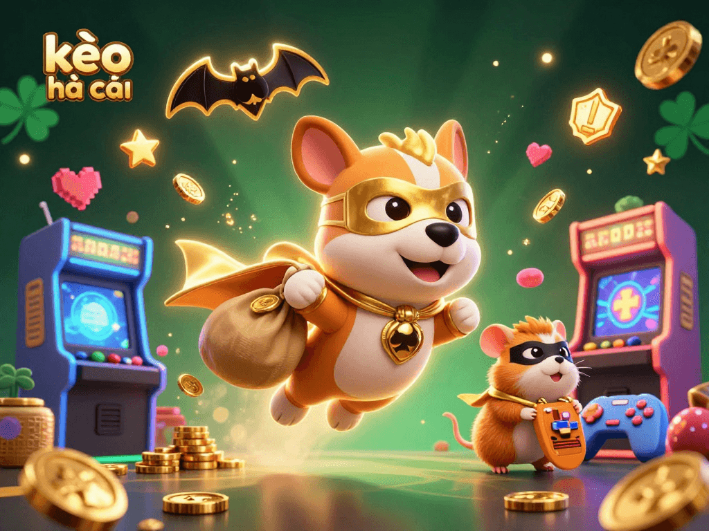 Experience kèo nhà cái with a dynamic superhero dog and hamster amidst casino elements.