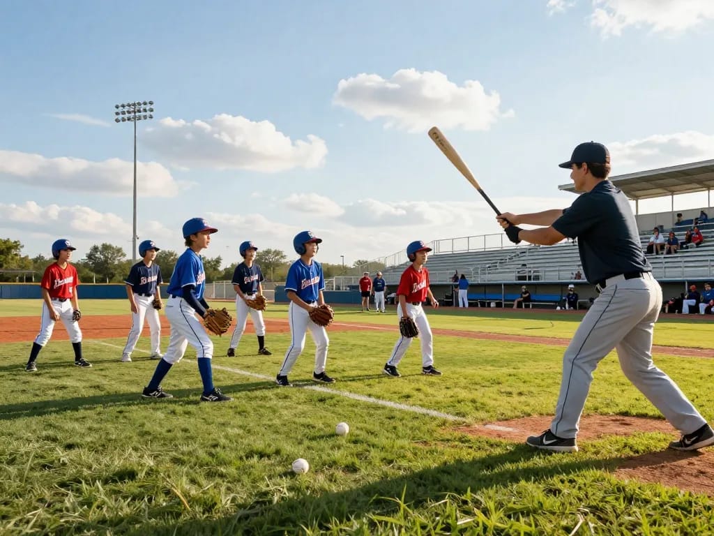 Youth baseball practice at Hitclub training facility, coach demonstrating techniques with athletes in vibrant uniforms.