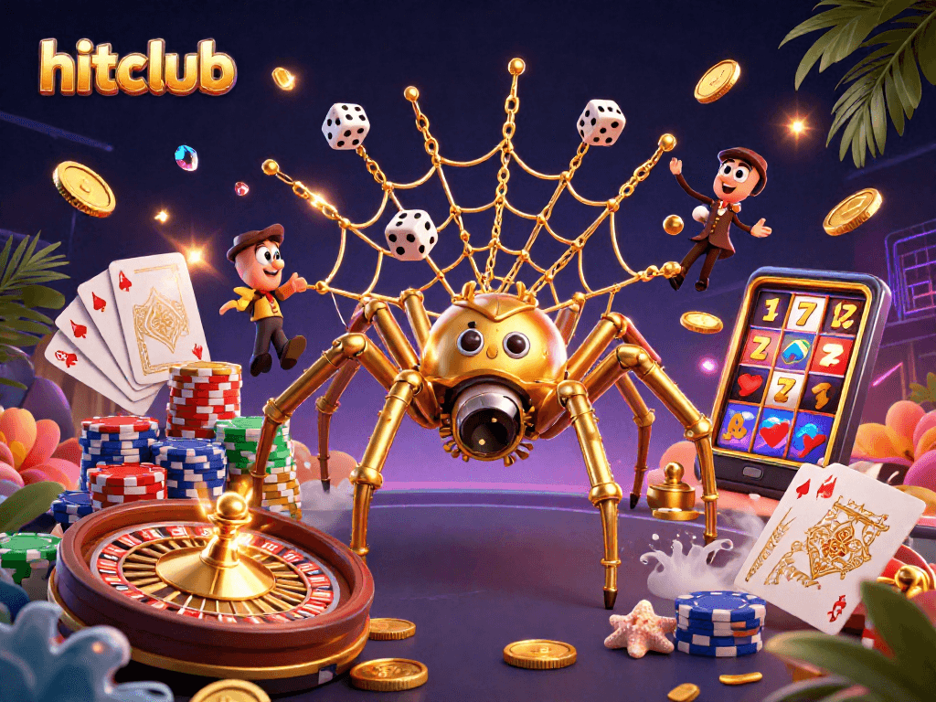 Hitclub's exciting 3D casino illustration captures golden spiders weaving luck in a lavish gaming scene.
