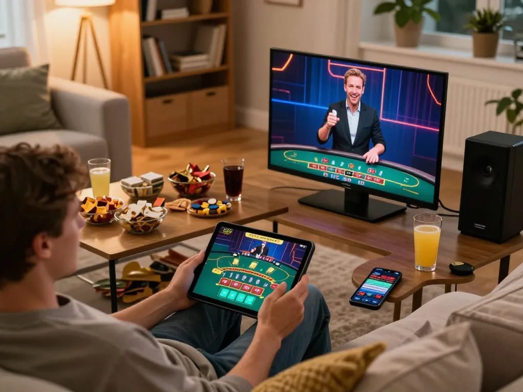 HDBET player enjoying live blackjack game on tablet at home with cozy atmosphere and snacks