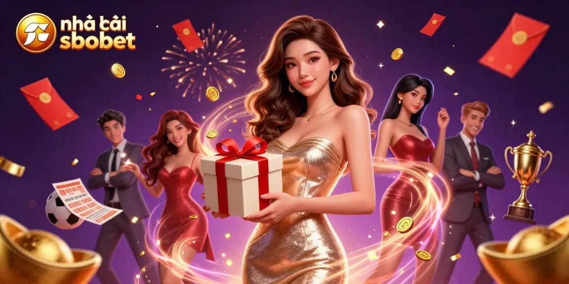 Engage with nhà cái sbobet in a vibrant casino scene featuring sports betting elements and festive decorations.
