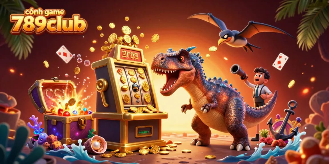 Engage with the cổng game 789club as playful dinosaurs celebrate jackpots in this colorful casino illustration.